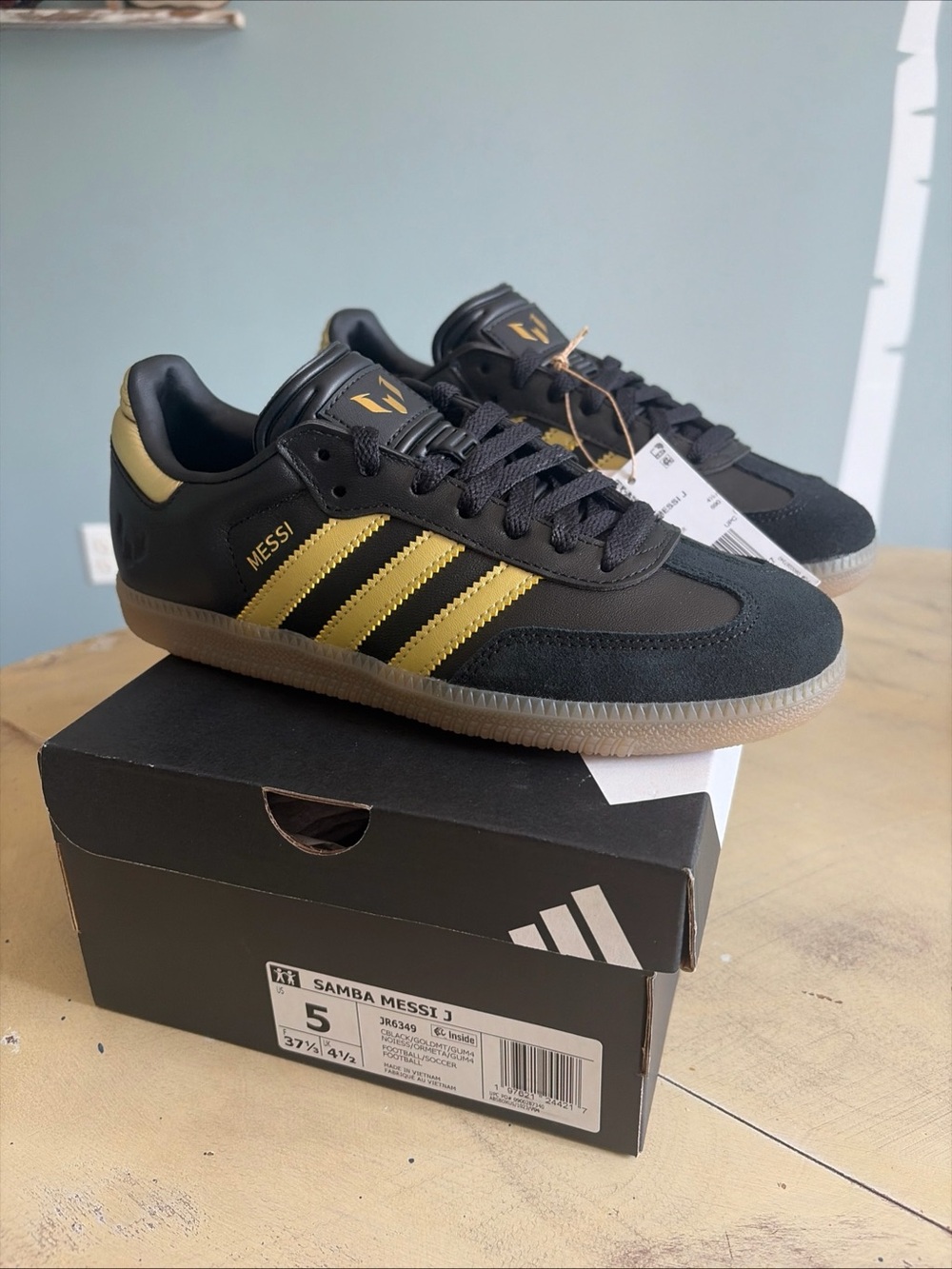 Adidas Samba x Messi J Black/Gold Metallic/Gum Big Kid's  Juniors JR6349 Size 5